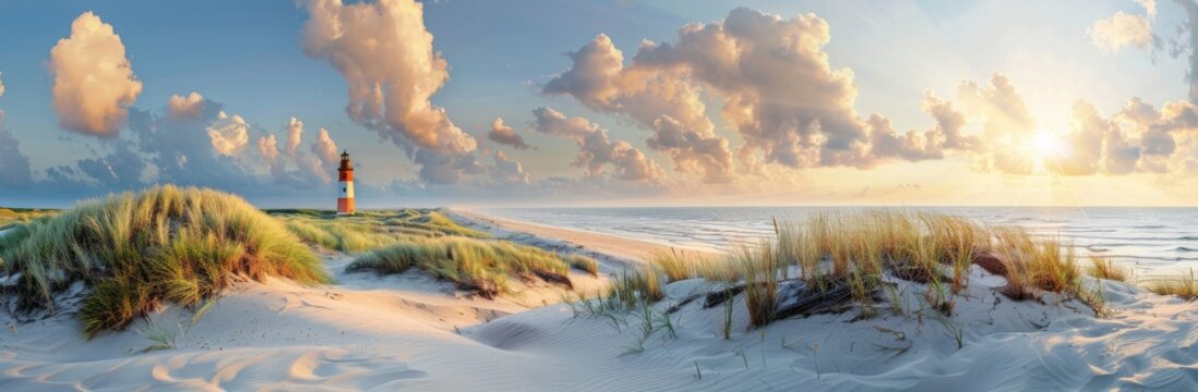 A view of a dune beach at sunset on the island of Sylt, Schleswig-Holstein, Germany