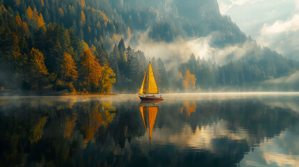 A sailing boat in tranquil lake water with mountain forest and reflection - Powered by Adobe