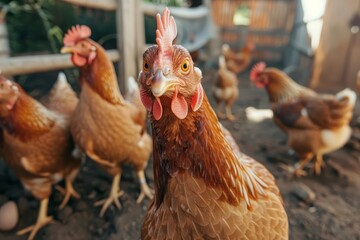 flock of curious chickens eagerly waiting to be fed looking directly at camera animal photography in rustic farm setting