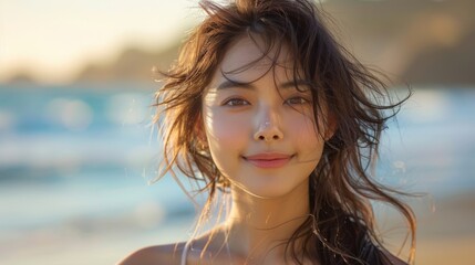A beautiful Asian woman smiling in front of the sun with salty hair and sand on her skin - Sun protection concept
