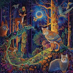 Forest at Night with Animals Dark Jungle Animal Nature Landscape Psychedelic Trippy Colorful Art