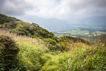 Fototapeta premium view from Mount Eboshi, Eboshidake Near Mount Aso, Kyushu, volcano, caldera, mountains, hike, trekking