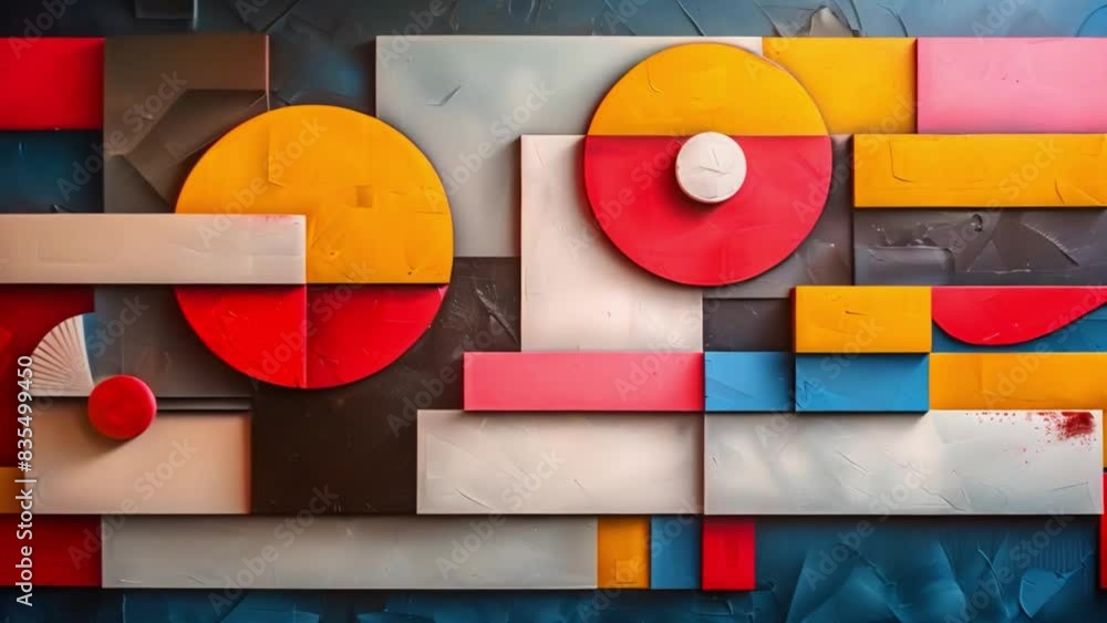 Poster abstract painting showcasing various shapes and colors in a dynamic composition, creating a visually