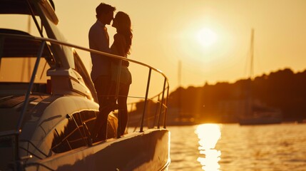 A lovely couple on deck of yacht enjoy sunset in sea.