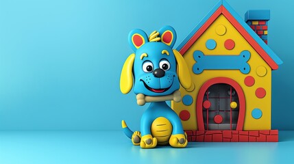 Obraz premium Brightly Colored Cartoon Dog Figurine with Doghouse on Blue Background: Playful and Cheerful Children's Toy Decoration