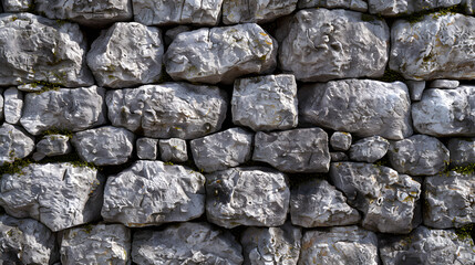 Close-up of a weathered stone wall with rough, textured bricks showing signs of age and moss growth
