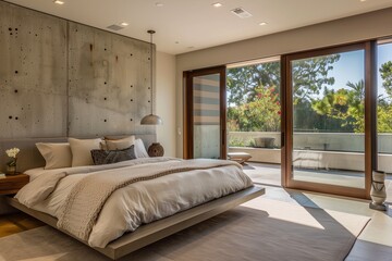 A chic bedroom featuring a low-profile bed, concrete accent wall, and large sliding glass doors opening to a private patio