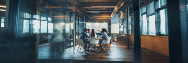 Panoramic view of a professional team meeting inside a sleek corporate office space