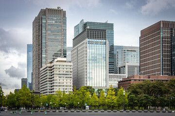 japanese garden in front of marunouchi buildings, skyline, skyscrapers, tokyo, japan, asia