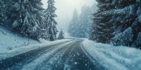 A snowy road surrounded by trees in a dense forest - Powered by Adobe
