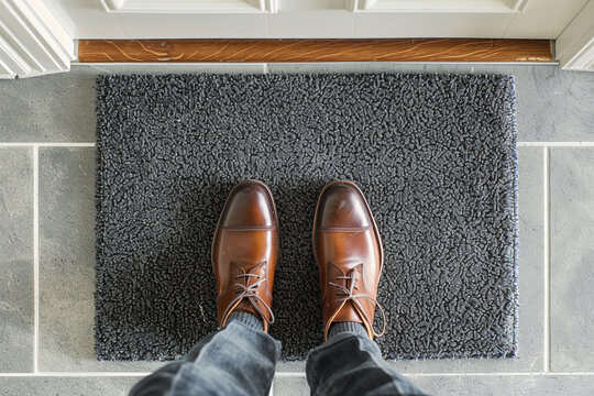 Top view of door mat and man in shoes - Powered by Adobe