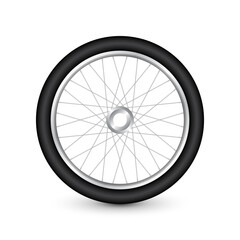 Realistic 3d bicycle wheel. Bike rubber tire, shiny metal spokes and rim. Fitness cycle, touring, sport, road and mountain bike. Vector illustration