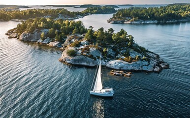 A boat is moored on an island in the Stockholm Archipelago, Sweden