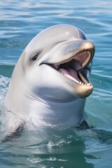 A dolphin swimming underwater with its mouth open, suitable for use as a background or illustration