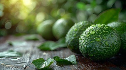 Natural fresh Group of Avocados on Wooden Table