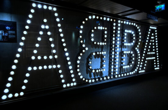 Stockholm, Sweden; 05.10.2024: ABBA group name displayed with light bulbs in the Abba Museum