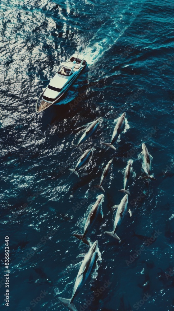 Canvas Prints a group of dolphins swimming next to a boat