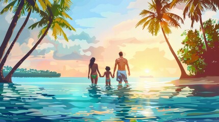 Back view of happy family enjoy tropical sunset with palm tree beach sea water