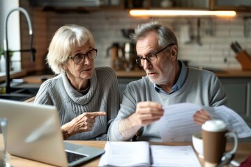Fototapeta premium While having breakfast, a senior couple discusses the bills and financial situation of their home