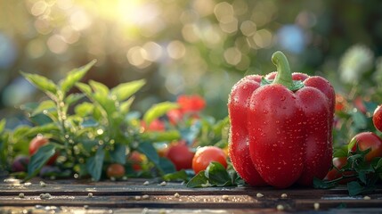 Fresh red bell peppers with water droplets on wooden background - Powered by Adobe
