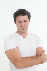 handsome cool young man in white t shirt on white background