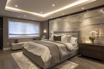 A sophisticated bedroom with a marble accent wall, recessed ceiling lights, and a sleek, modern vanity