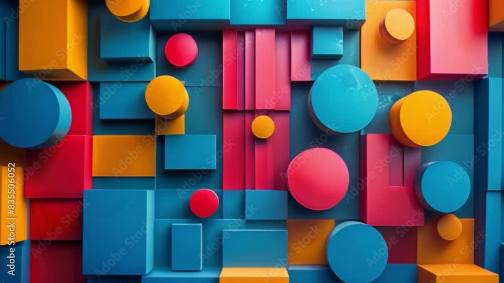 Poster colorful abstract shapes including circles and rectangles in a vibrant and dynamic composition.