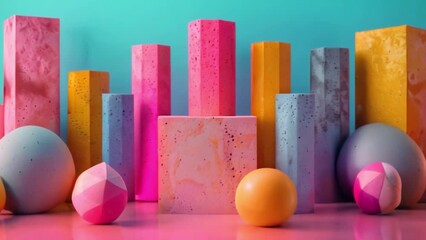 Various colored blocks and balls arranged in a pattern on a flat surface.