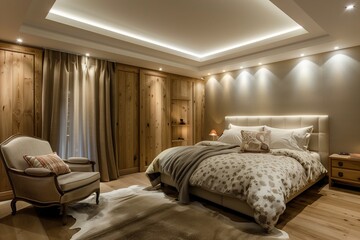 Fototapeta premium A warm bedroom with a recessed ceiling adorned with dimmable lights, natural wood finishes creating a cozy atmosphere, and a distinctive corner armchair with a vintage touch.