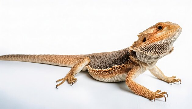 Bearded dragon lizard - Pogona vitticeps - a reptile household pet.  The name refers to the underside of the throat and have broad, triangular heads, flattened bodies. Isolated on white background