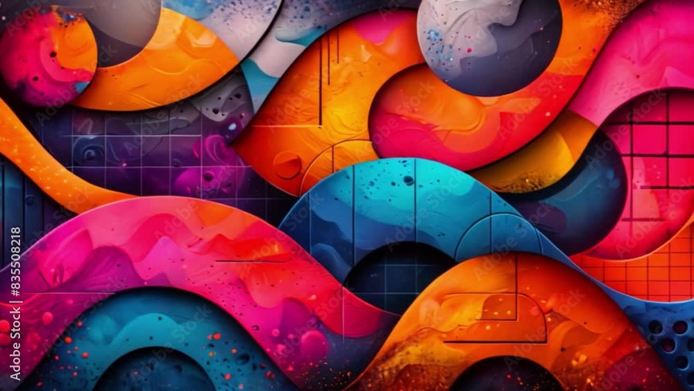 Poster A painting displaying a vivid and dynamic abstract design with a wide array of bright colors and shapes.