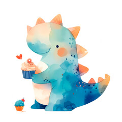 Cute blue dinosaur with cupcake