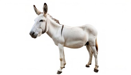donkey or wild jack ass - Equus africanus asinus - a domesticated equine and used mainly as work, draught or pack animals. cute full body looking at camera, isolated on white background
