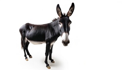 donkey or wild jack ass - Equus africanus asinus - a domesticated equine and used mainly as work, draught or pack animals. cute full body looking at camera, isolated on white background