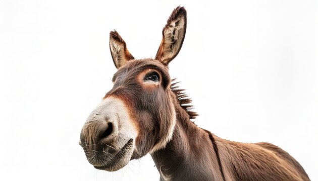 donkey or wild jack ass - Equus africanus asinus - a domesticated equine and used mainly as work, draught or pack animals. cute full body looking at camera, isolated on white background