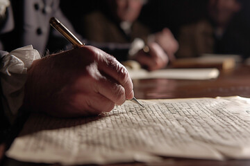 Committed hands signing the act of national freedom and independence