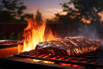 Summer BBQ essential. Sizzling steak over open flames on the grill. Backyard cooking