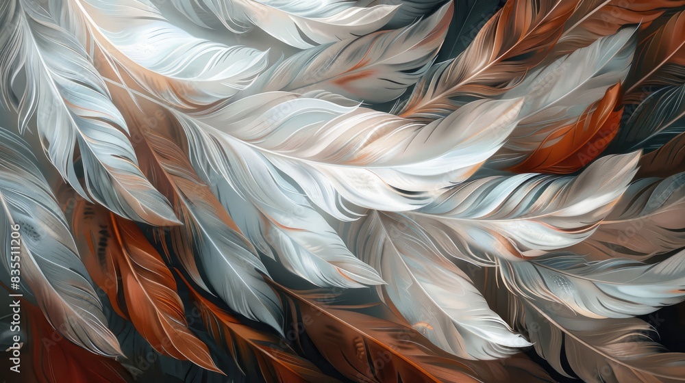 Poster feathers with a blend of white gray and brown hues set against a dark background contrasted with a s