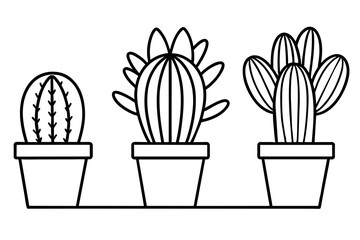 cacti line art in pots vector illustration