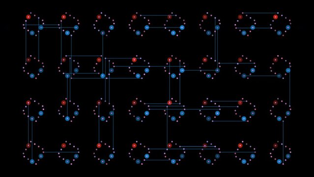 The visualization displays complex red and blue nodes in digital network patterns