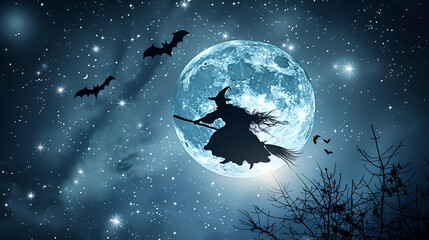halloween wallpaper with moonlit night with bats flying and with with broom, halloween background with copy space