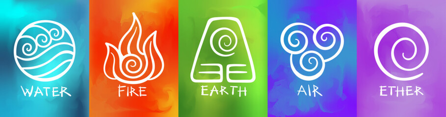 A vector banner or clip art set, with symbols of the four classical elements - water, fire, earth, and air, as well as ether or spirit, each depicted against vivid mystical colored background.