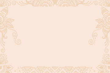 A decorative vintage border featuring Indian mehandi scrollwork patterns, flourishes, and leaf motifs in a soft tan color against a cream background. Great for copy space, ethnical, yoga designs.