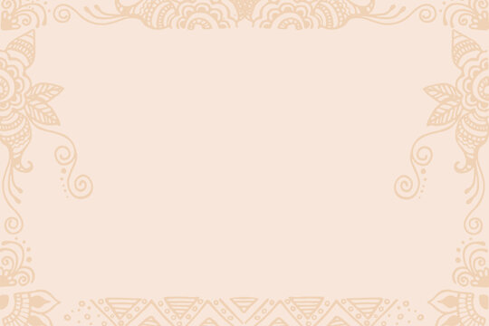 A decorative vintage border featuring Indian mehandi scrollwork patterns, flourishes, and leaf motifs in a soft tan color against a cream background. Great for copy space, ethnical, yoga designs.