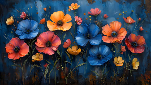 Farbintensive Blumen in Blau und Orange vor dunkelblauem Hintergrund - Ai-Ki generiert