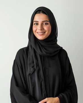 An elegant saudi gulf woman wearing a hijab stands with arms crossed isolated on the background