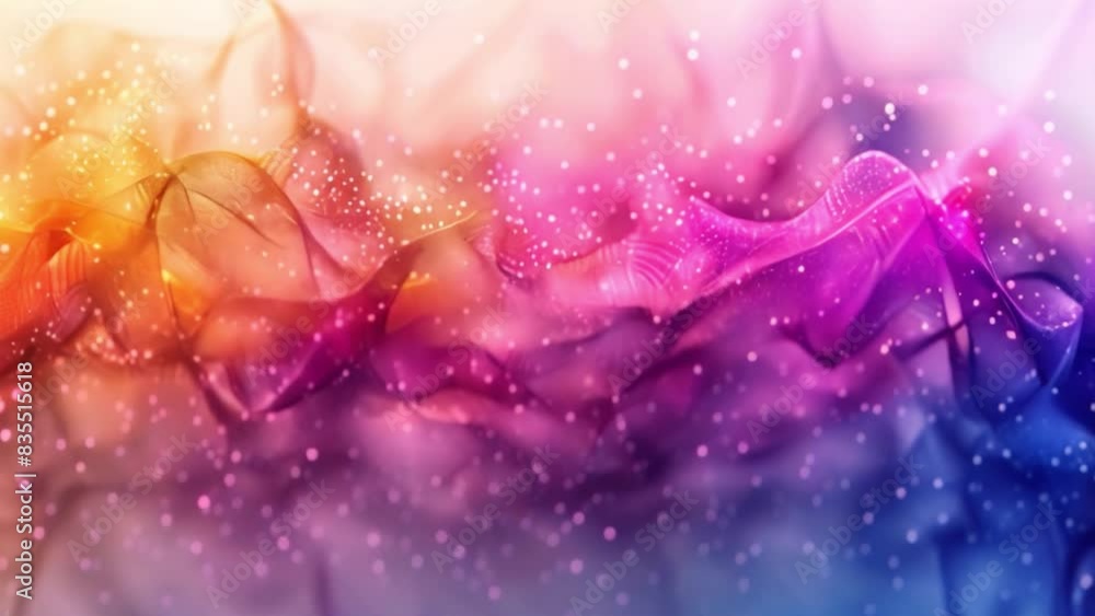 Poster swirling vibrant patterns in shades of pink, orange, and purple blend with glittering particles, cre