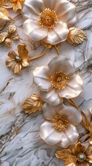 3D Gold Flowers Wallpaper Background, Brooch Flowers, Diamonds, Luxury Wallpaper for interior
