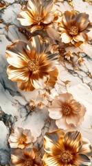 3D Gold Flowers Wallpaper Background, Brooch Flowers, Diamonds, Luxury Wallpaper for interior