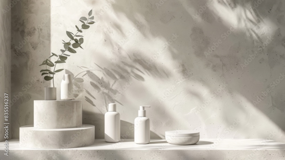 Poster sunlight casts soft shadows in a minimalist bathroom showcasing eucalyptus in a vase, various toilet